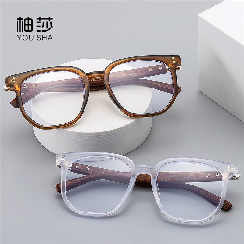 Retro Large Frame Wood Grain Ultra Light Anti-Blue Light Flat Mirror 2024 New Fashion Trendy Wooden Legs Men's and Women's Frame Glasses