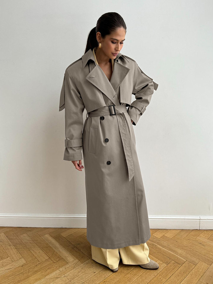 Áo khoác trench coat nữ dáng dài phong cách Âu Mỹ, chất liệu cotton, form rộng có dây thắt eo — Màu kaki, màu xám chi tiết 37