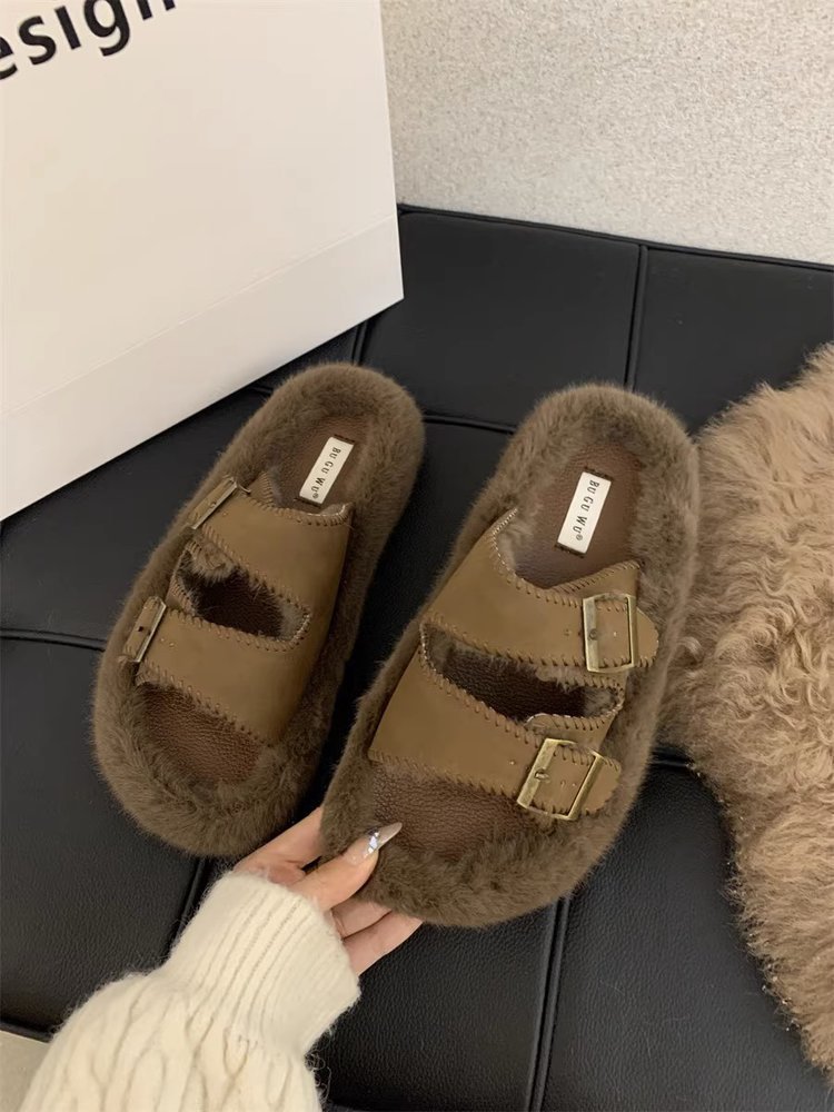 Internet celebrity soft-soled fur slippers for women's outer wear 2023 autumn and winter new sheep curly slip-on cotton slippers_voghion.com