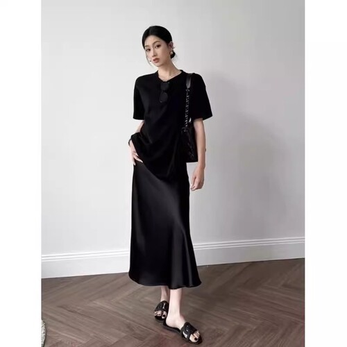 Smooth Imported Tri-Acetate Satin Straight Mini A-Line Summer Dress with Breathable Fish-Tail Hem for Plus Size