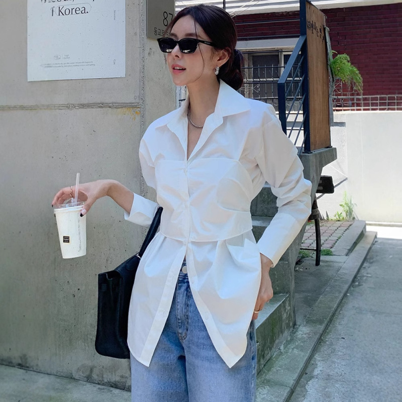 Temperament Lady Dongdaemun Back Lace-up Bow Shirt Long-sleeved Solid Color Shirt Loose Korean Style Shirt