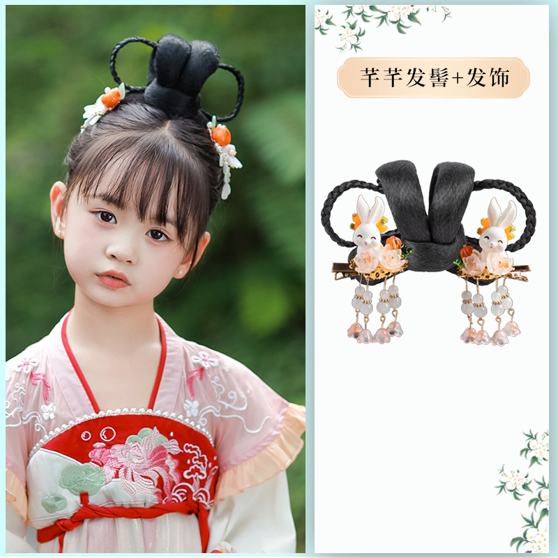 Qianqian 롤빵 + 꽃 피는 옥토끼 헤어 액세서리 한 쌍