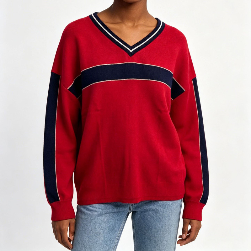 European and American College Style Color-Block Striped V-Neck Sweater, Loose Fit, Drop Shoulder, Casual Knit Top, Amazon Women's Clothing Supplier