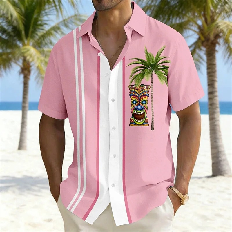 Men's Hawaiian Style Tiki Totem Coconut Tree Print Short-Sleeved Shirt Casual Lapel Shirt Factory Direct Supply Wholesale
