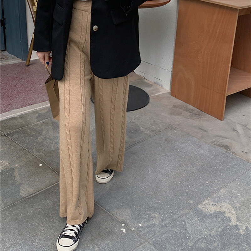 Women's Clothing Retro twisted knit wide leg pants for women autumn and winter new high waist slim loose straight mopping pants casual trousers thick_voghion.com