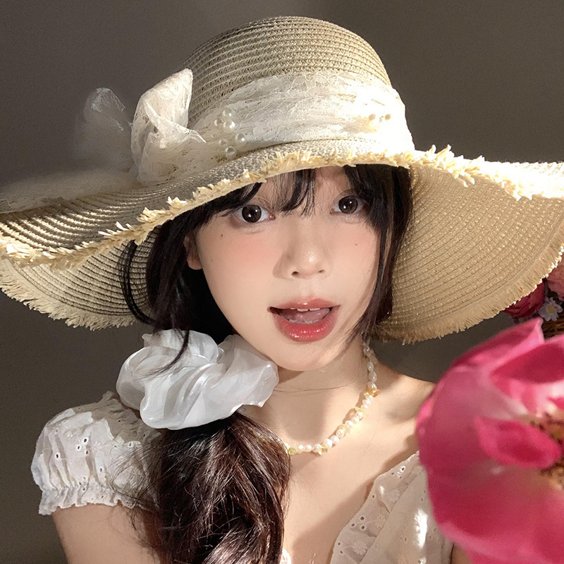 蕾丝蝴蝶结草帽女夏季法式大帽檐遮阳防晒帽海边沙滩度假太阳帽子