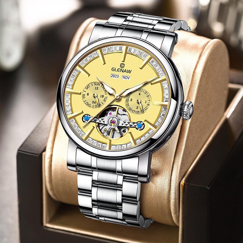 Đồng hồ nam cơ tự động lịch vạn niên chống nước, dây thép không gỉ — 8662 vỏ bạc bề mặt xanh-dải thép bạc, 8662 vỏ bạc bề mặt vàng-thép bạc