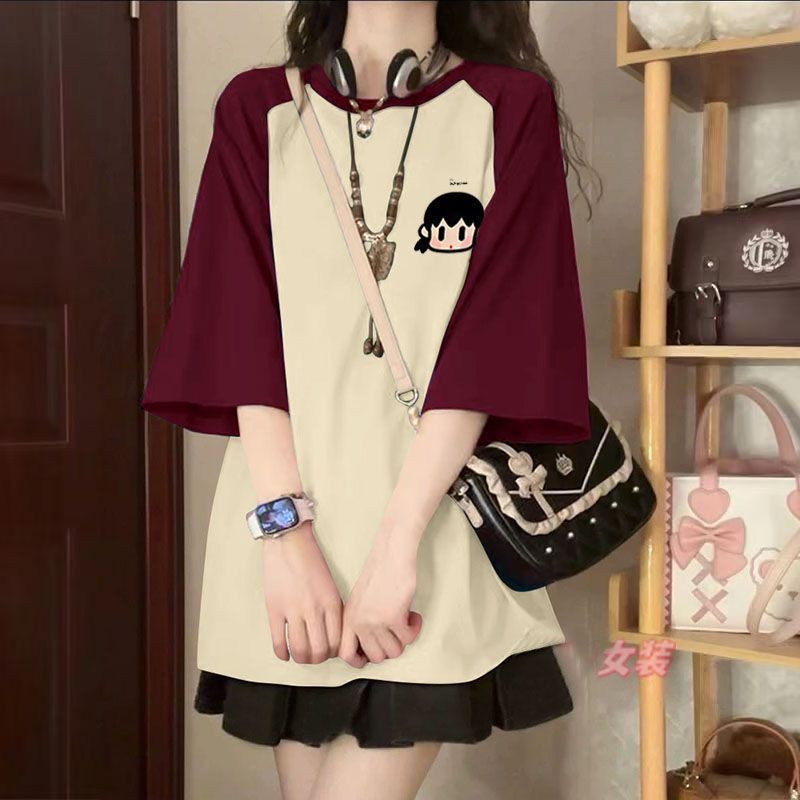 귀여운 베이비 레드 살구 반팔 + 블랙 스커트 [안전바지 포함, 고품질]