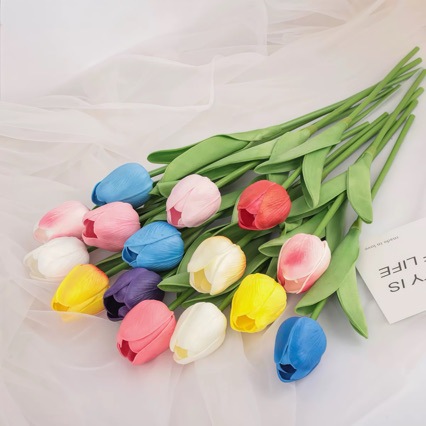 Tulip Artificial Flowers with Vase, High-End Pu Fake Flowers for Decoration, Dining Table and Living Room Ornaments, Factory Direct Sales, Dried Flowers