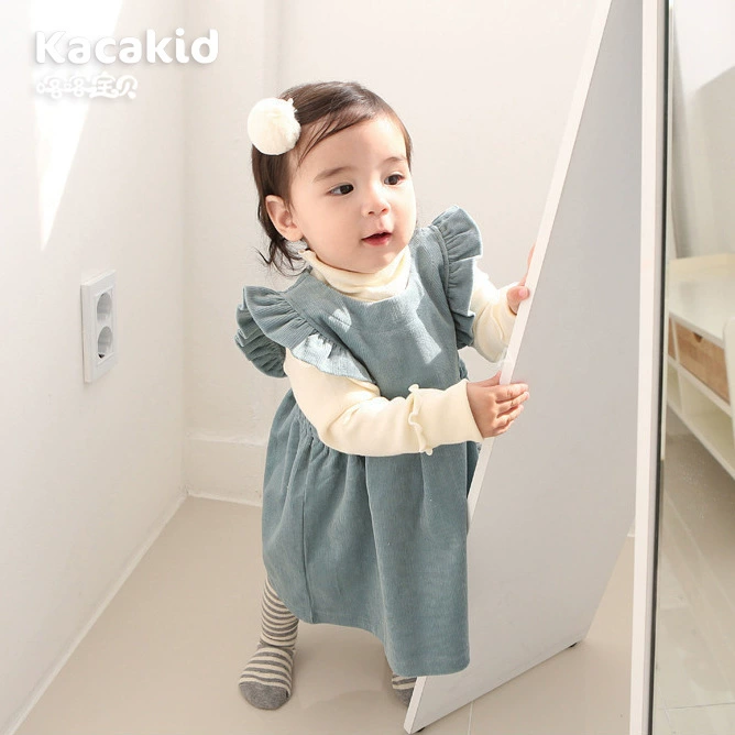 Оптовая продажа новой детской одежды для ранней осени, платье без рукавов с рюшами для девочек, милое бархатное платье для малышей