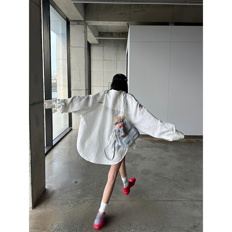 White Linen Shirt Jacket for Women, Autumn Loose-Fitting Collared Long-Sleeve Sun Protection Top White Linen Shirt Jacket for Women, Autumn Loose-Fitting Collared Long-Sleeve Sun Protection Top