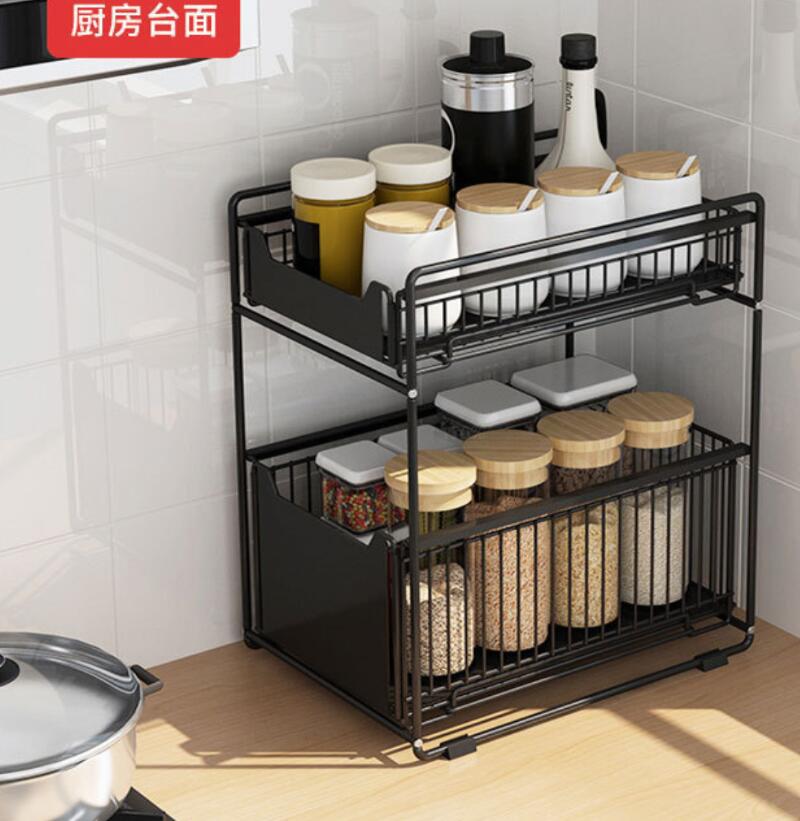 Kitchen pull-out sink shelf, multi-functional double-layer carbon steel drawer-style sink and seasoning storage rack