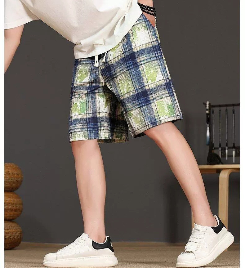 Men's Tie Dye Plaid Shorts High Street Trendy Summer Thin Casual Retro Style Loose Five Point Pants_viptrois.com