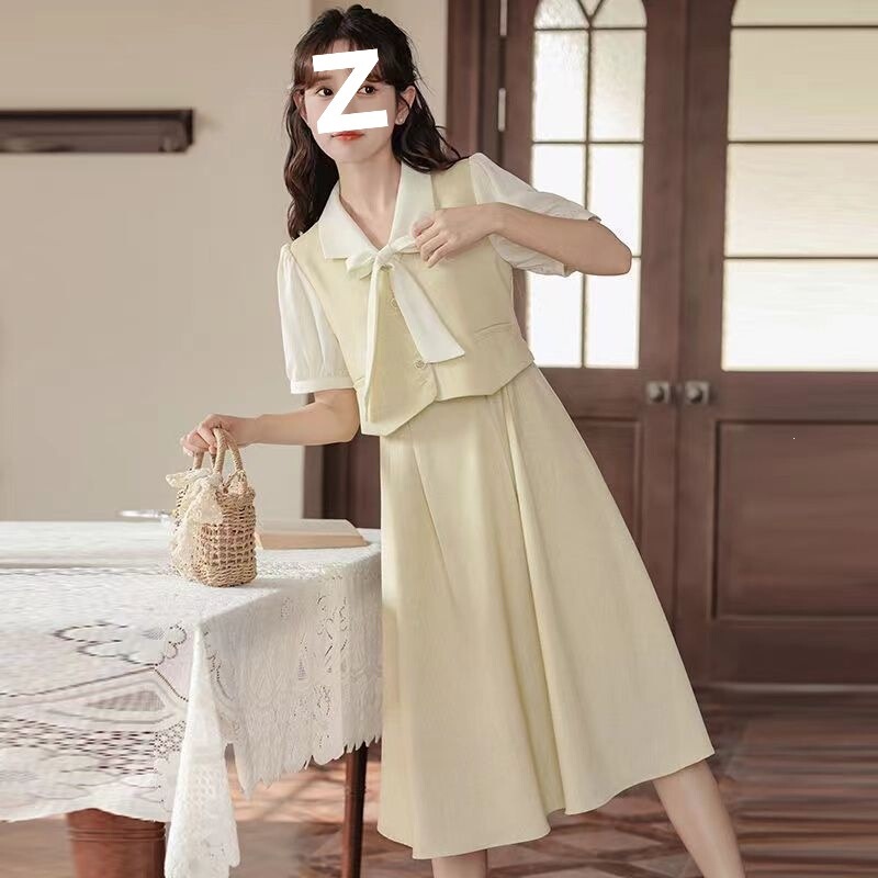 Tea break French-style summer dress for women, short-sleeved, elegant, faux two-piece, suitable for job interview, formal occasion, date, long dress for women Tea break French-style summer dress for women, short-sleeved, elegant, faux two-piece, suitable for job interview, formal occasion, date, long dress for women
