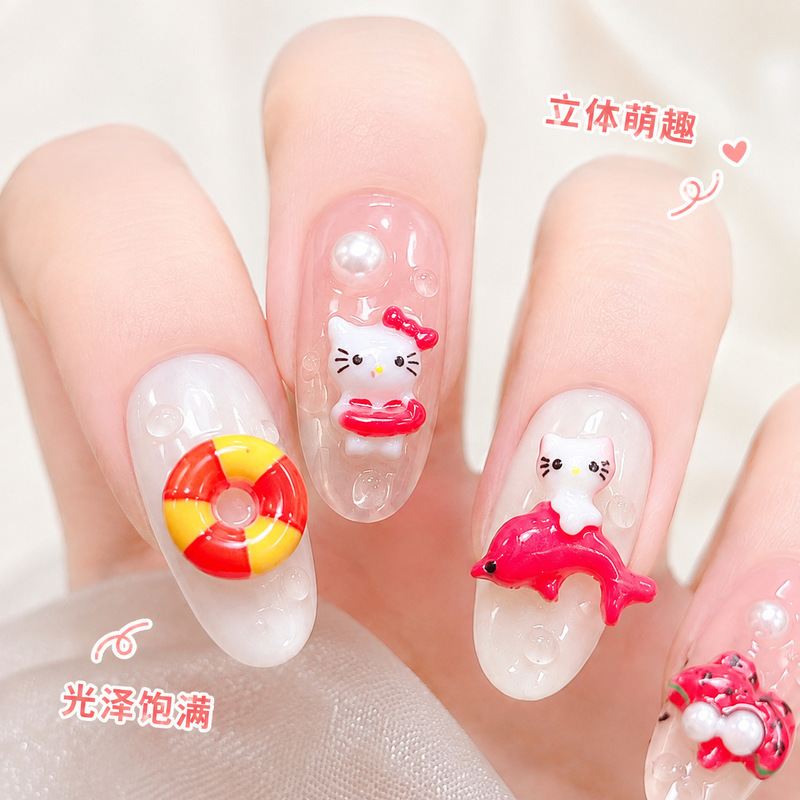 Hello Kitty Nail Art Accessories Hawaiian Holiday Swim Ring Cute KT Cat Resin Rhinestones DIY Wearable Nail Accessories Glitter Powder