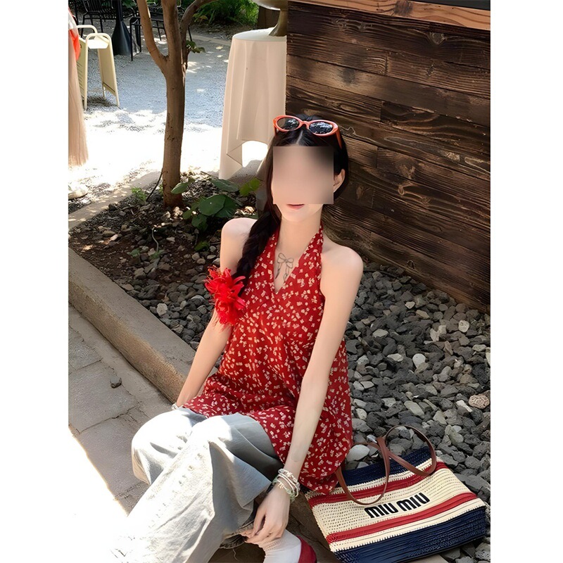 Vacation Style Retro Red Casual Elegant V Neck Halterneck Strappy Vest Top Dress Floral Suspender Jumpsuit