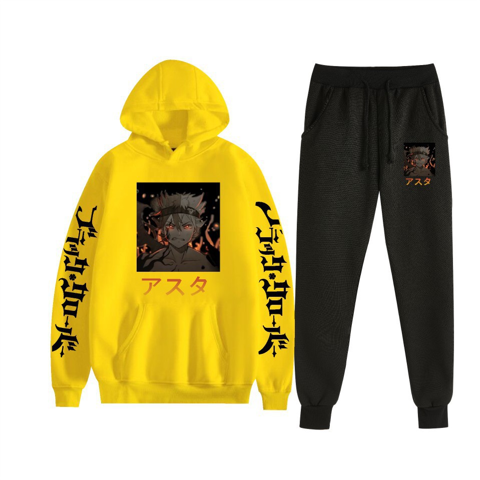 Traje de suéter con capucha suelto de dos piezas de trébol de cuatro hojas negro para hombres y mujeres con estampado de letras nuevas transfronterizas