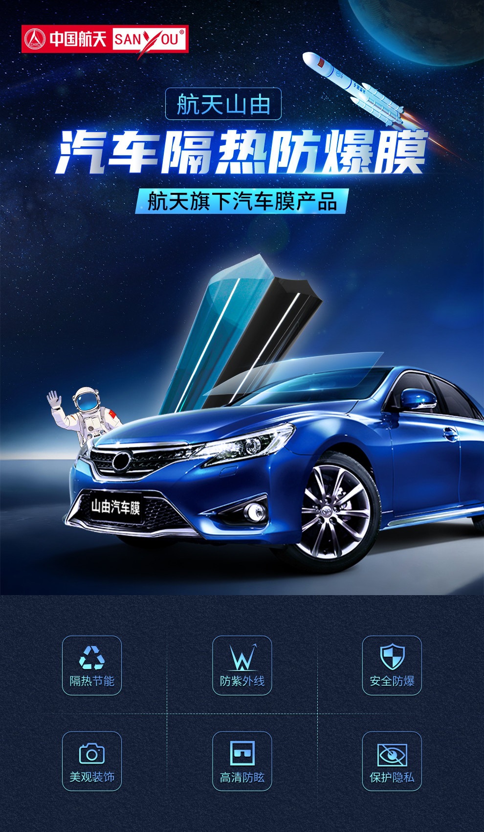 China Aerospace Sanyou Car Insulation Film, Sun Protection Film, Car Anti-Uv Explosion-Proof Glass Film