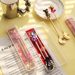 W新款炫彩網紅熊勺子餐具卡通萌趣節日勺叉不鏽鋼甜品叉禮物套裝