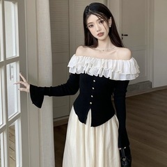 法式荷叶边一字肩喇叭袖黑色T恤女装早秋气质显瘦设计感短款上衣