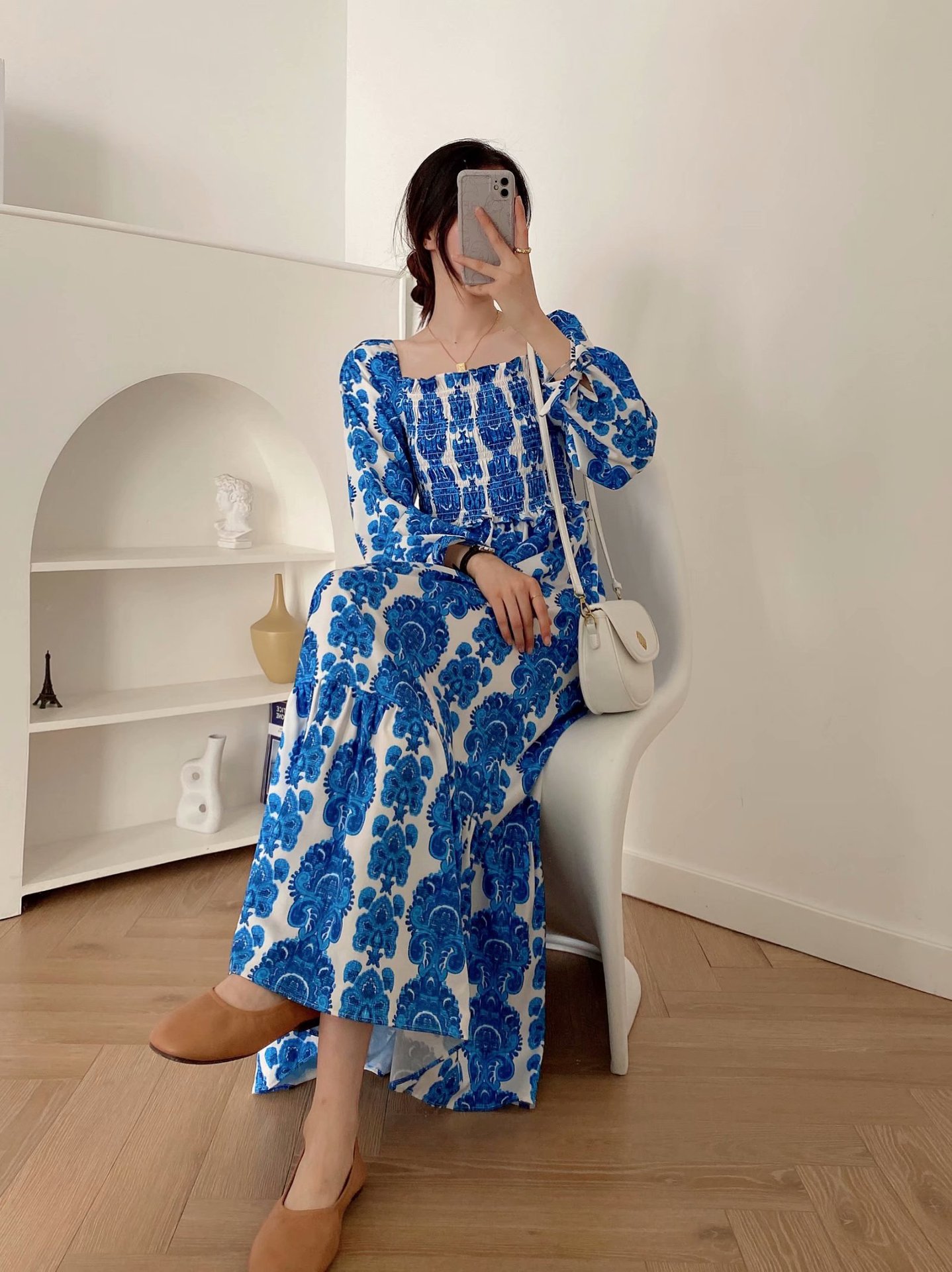 summer square collar blue floral print long-sleeved dress nihaostyles wholesale clothing NSAM82485