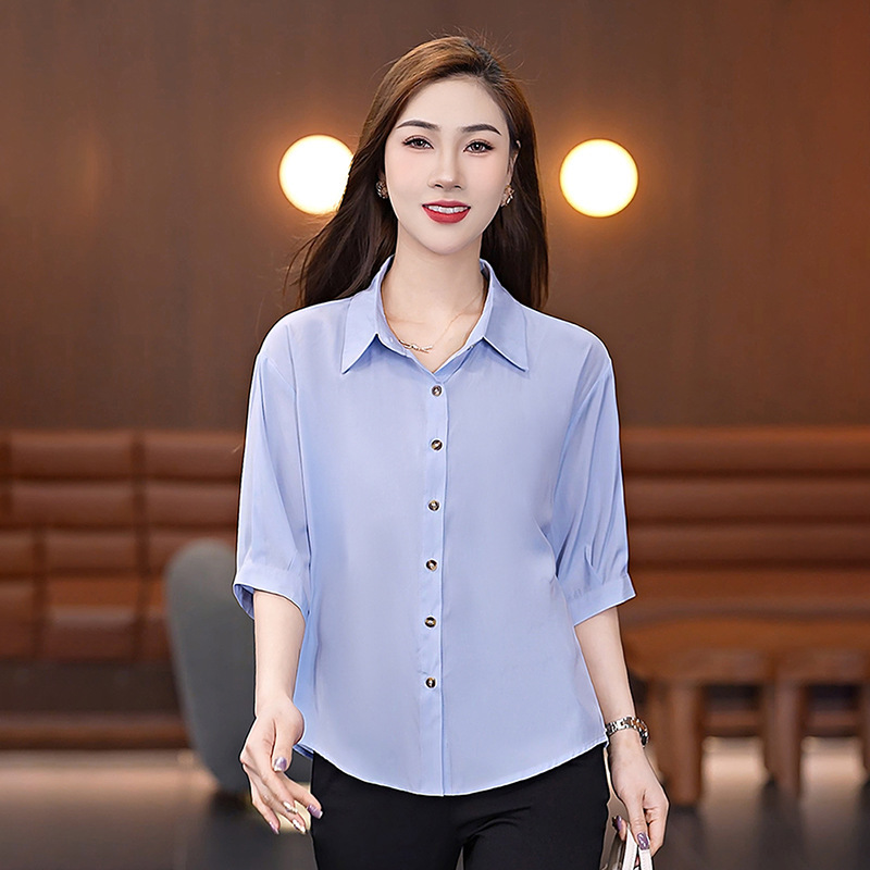 High-Quality White Three-Quarter Sleeve Chiffon Shirt for Women, Summer Style Top, Elegant Shirt, Loose Slimming Mid-Sleeve Shirt