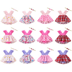 夏季兒童裙子女童寶寶包屁連衣裙嬰幼兒蕾絲碎花格子連衣裙送髮帶