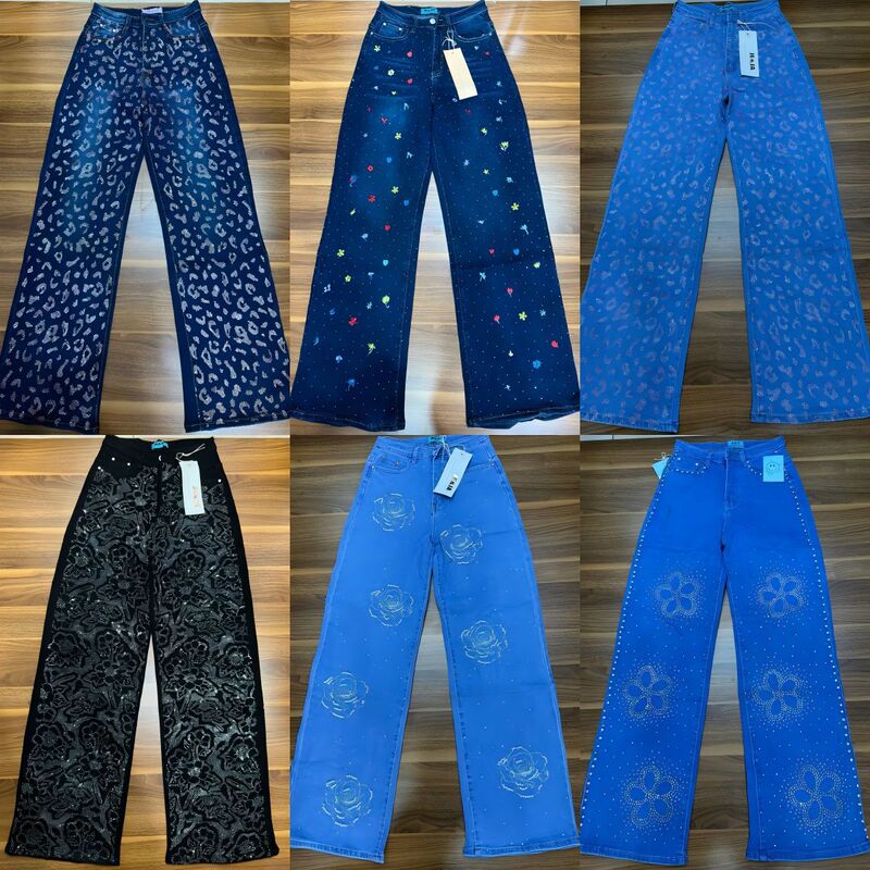 Ladies jeans high-end women's clothing new European style sequined high-waisted straight wide-leg jeans new style Ladies jeans high-end women's clothing new European style sequined high-waisted straight wide-leg jeans new style