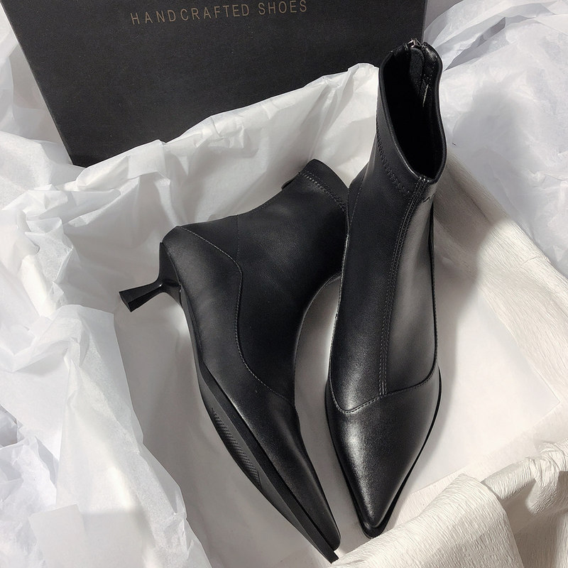 Lingxiyuan pointed-toe, stiletto-heeled, back-zippered, elastic ankle boots, mid-heel, suitable for commuting, with a gentle and stylish Korean design that creates a slimming effect Lingxiyuan pointed-toe, stiletto-heeled, back-zippered, elastic ankle boots, mid-heel, suitable for commuting, with a gentle and stylish Korean design that creates a slimming effect
