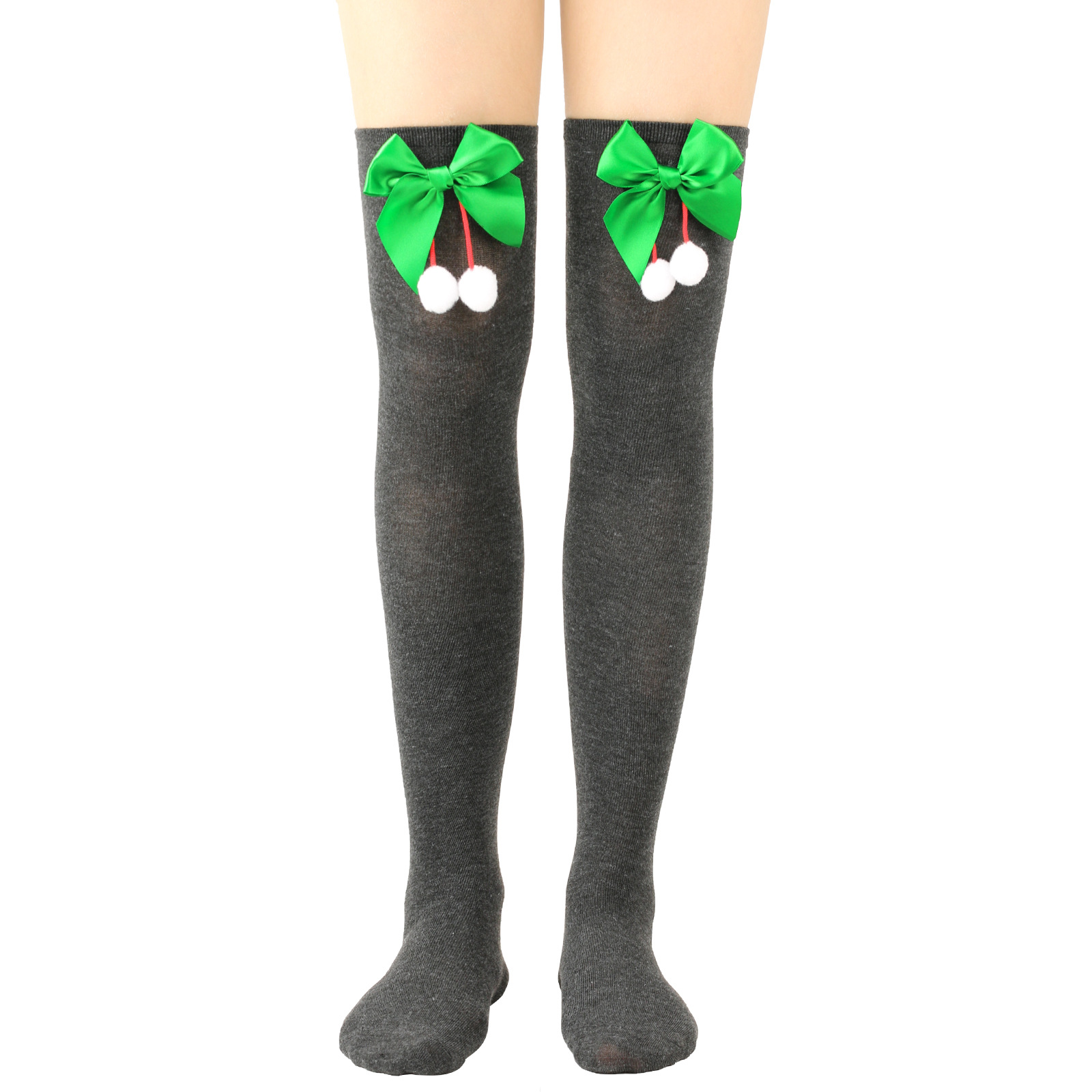 Calzini natalizi unisex con fiocco, calzini a palla, sopra il ginocchio, calzini lunghi da donna, calzini natalizi a righe_voghion.com