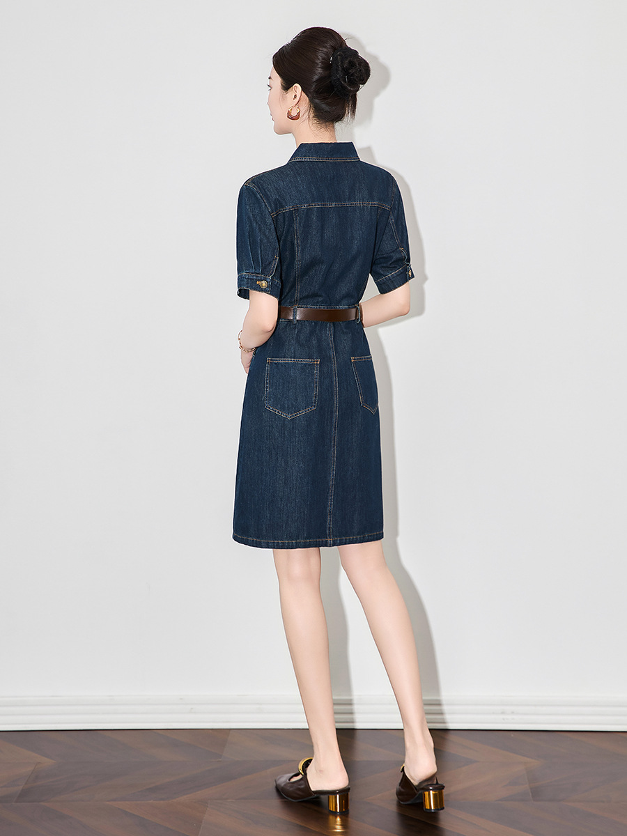 Váy denim nữ cổ ve phong cách Pháp retro Hồng Kông — Màu xanh lam