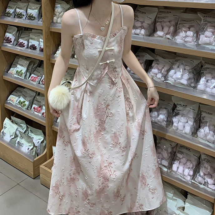 新中式国风盘扣吊带连衣裙夏季新款甜美温柔收腰显瘦洋气裙子