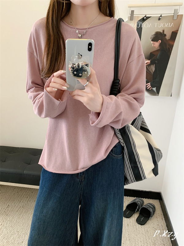 020 秋季新款慵懒风松弛感纯色上衣毛圈棉长袖打底衫女士纯色T恤|undefined