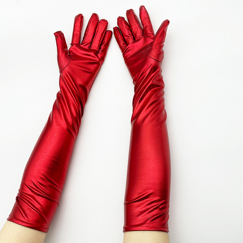 Silver Patent Leather Coated Pole Dance Performance Gloves Halloween Costume Accessories Slim Adult Gloves