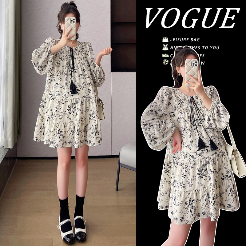 Korean style fashionable pregnant women chiffon printed long sleeve dress loose plus size spring floral skirt