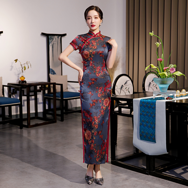 老上海旗袍2021年新款复古民国长款气质高开叉新式改良版连衣裙女