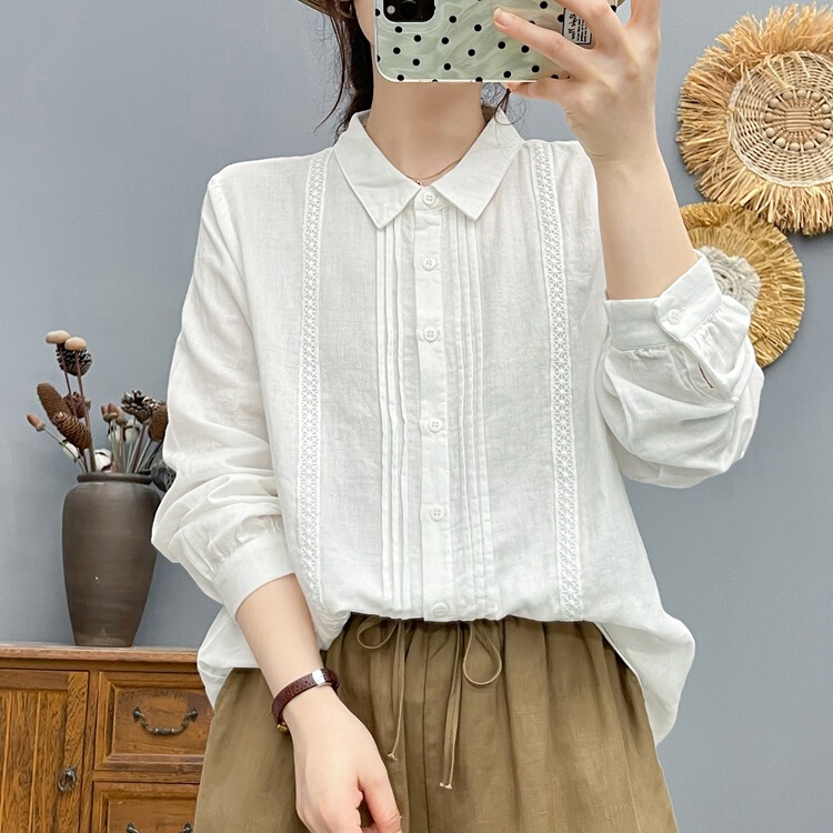 Pointed Collar Lace Splicing Long-Sleeved Shirt for Women 2025 Autumn Loose Retro Top Pure Cotton Pleated Bottoming Shirt