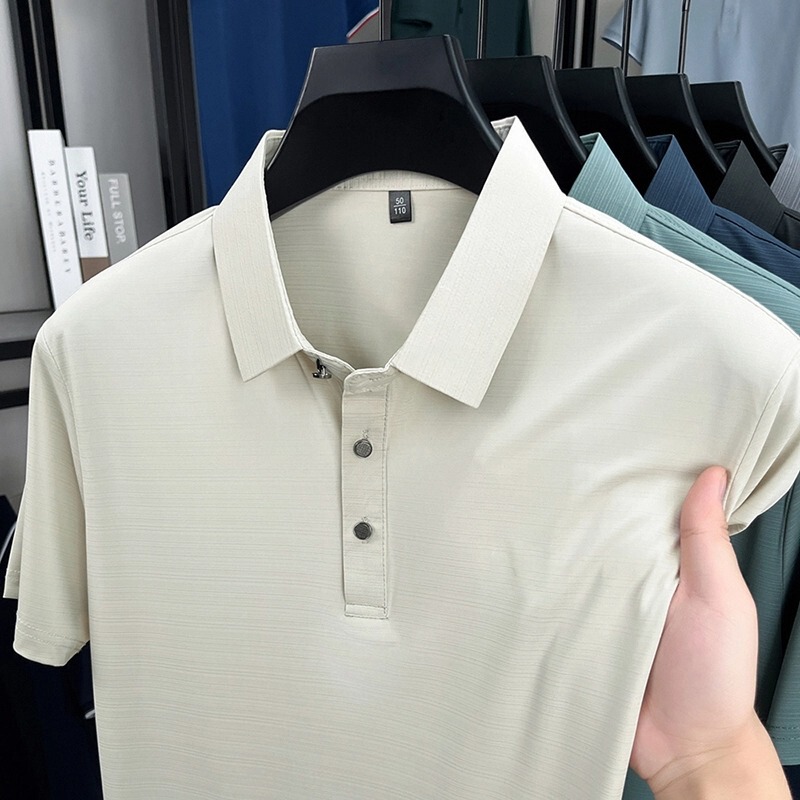 中年男性向け半袖Tシャツ、カジュアル無地ポロシャツ、夏用ラペルアイスシルク通気性半袖トップス、ドロップシッピング|undefined