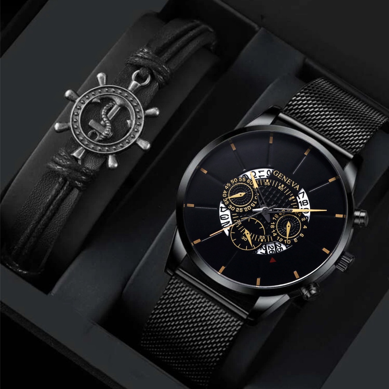 Orologio da uomo popolare di vendita calda con cinturino in maglia con calendario, orologio da polso al quarzo a tre occhi, elegante e di alta qualità_voghion.com