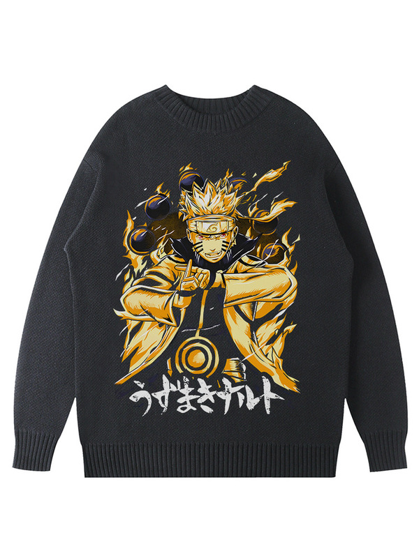 2025 Autumn/Winter Naruto Uzumaki Anime American Style Heavy Knit Sweater Crew Neck Men's Sweater
