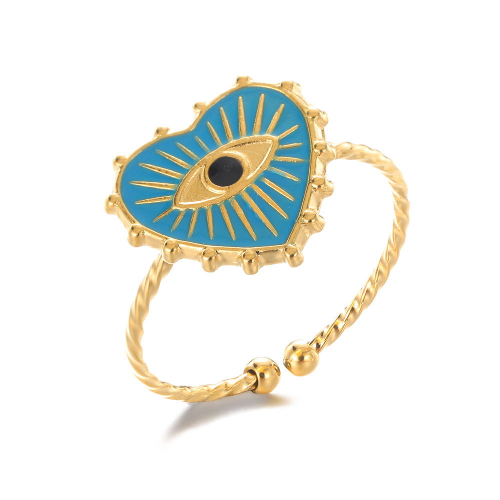 Devil's Eye, Heart Shape Pattern Wholesale Jewelry Retro Devil's Eye Heart Shape 304 Stainless Steel Turquoise Plating Open Rings