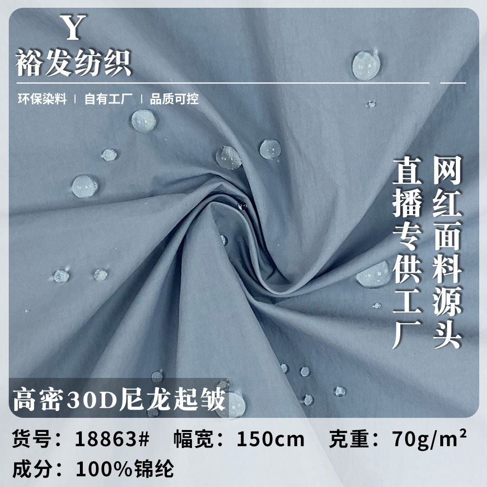 高密30D尼龙起皱 70g轻薄感锦纶肌理皱面料 冬季防水羽绒服面料