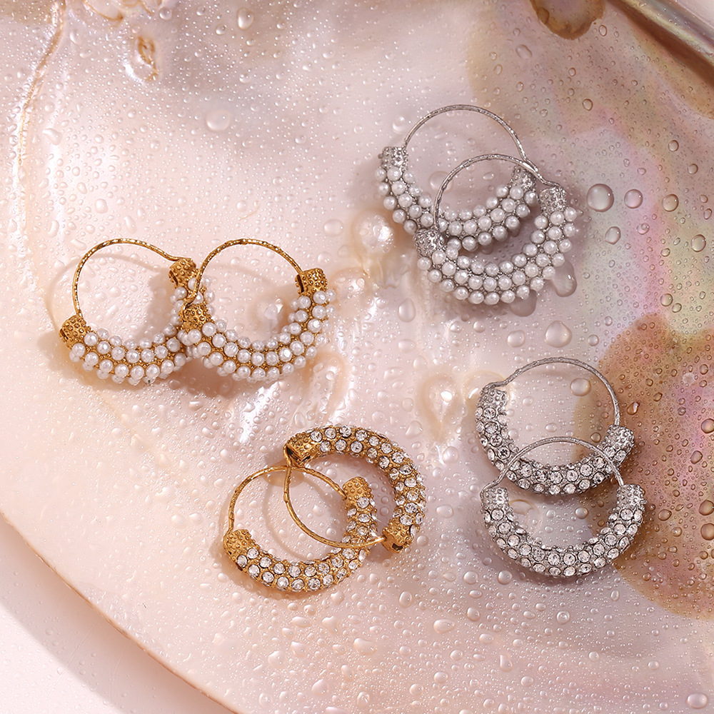 Micro-pearl White Diamond Hanging Basket Earrings