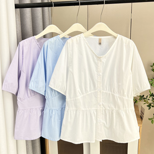 100.00kg fat sister summer new plus size women's simple casual waist stitching solid color short sleeve top 6986
