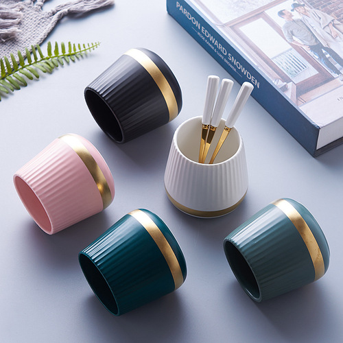 Gold-edged striped ceramic fruit fork storage jar, high-looking stainless steel fruit fork, household goodies, spoon and fork set