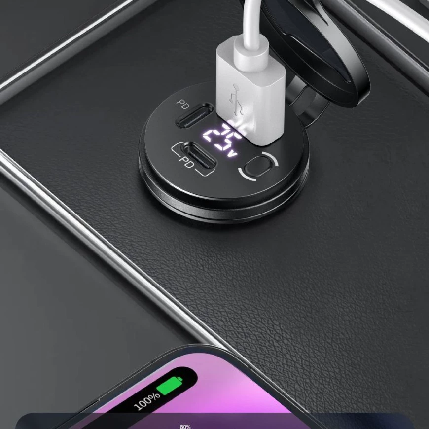 Двухпортовое зарядное устройство QC3.0+PD для мотоцикла/авто, бортовое зарядное устройство с дисплеем напряжения и выключателем, модифицированное автомобильное зарядное