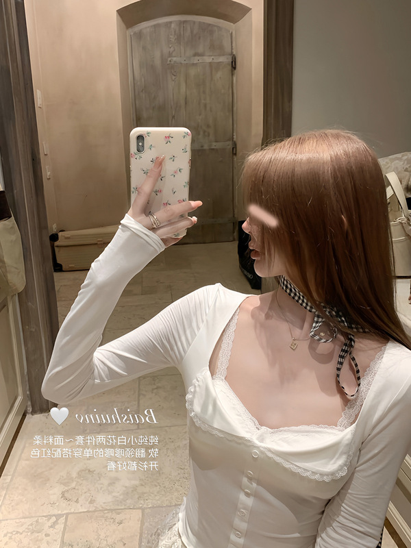 白水籹 奶芙花边套组 翻领长袖T恤女初秋蕾丝吊带高级感纯欲上衣|undefined