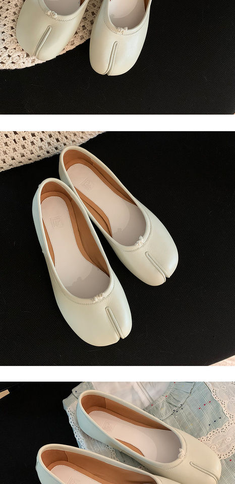Giày búp bê nữ da bò mũi tách ngón đế bệt kiểu giày lười — Bạc vân nứt, hàng có sẵn, Hàng có sẵn màu trắng, Hàng có sẵn màu đỏ, Màu nâu, hàng có sẵn chi tiết 35