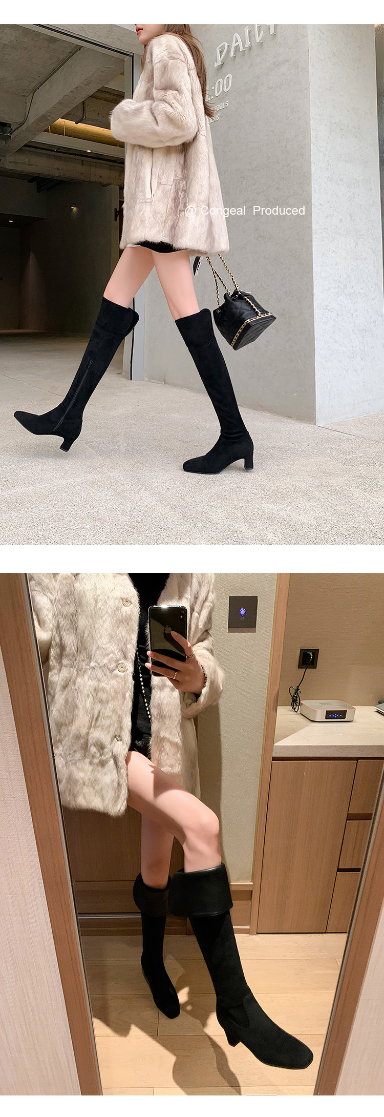 Boot nữ cổ cao quá gối mũi vuông gót thô 5 cm phong cách Hàn Quốc, có thể gập ống — Lớp lót nhung ống nhỏ màu đen 5cm chi tiết 25
