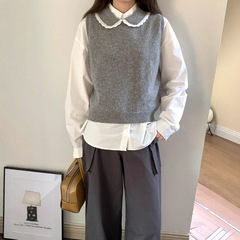 蕾丝拼接娃娃领羊毛针织马甲女秋季新款韩版温柔风无袖背心上衣
